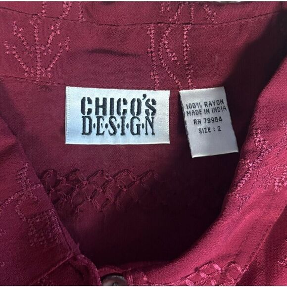Chico's Blouse Size Large Red Sheer Button Down 3/4 Sleeves Embroidered Holiday - Picture 5 of 7